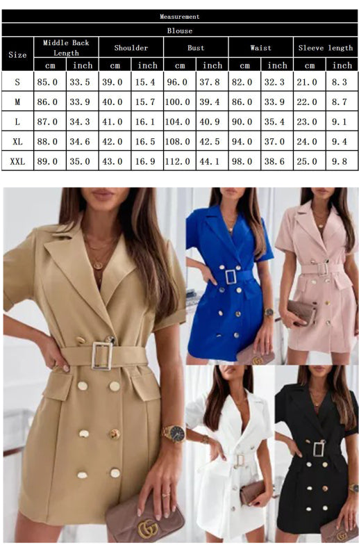 Ladies Double Breasted Button Suit Dress with Pockets and Belt - FashionistaDeal