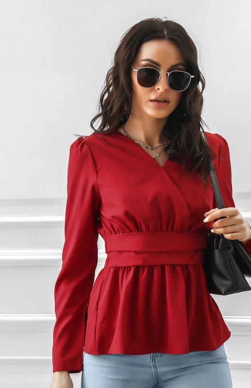 Women's V-Neck Neck Waist Pleated Slim Fit Puff Sleeve Chiffon Long Sleeve Top - FashionistaDeal