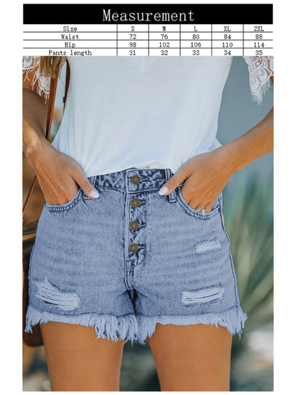 Women's Shorts Mid Waist Buttoned Jeans Washed Ripped Denim Shorts - FashionistaDeal