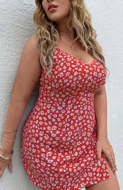 Women's Plus Size Floral Slit Sling Short Dress - FashionistaDeal