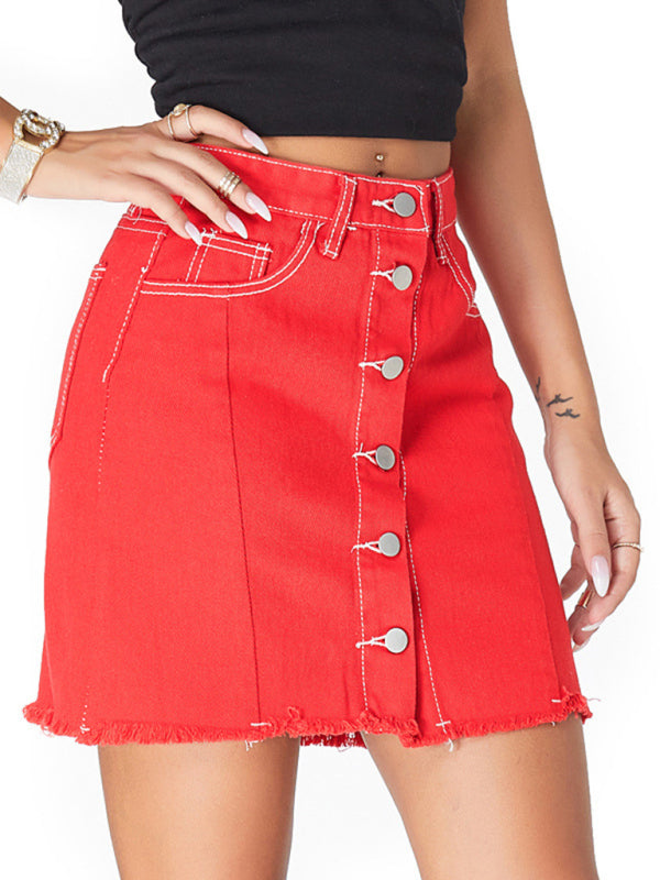 Women’s Solid Color Button Front Denim Raw Hem Mini Skirt - FashionistaDeal