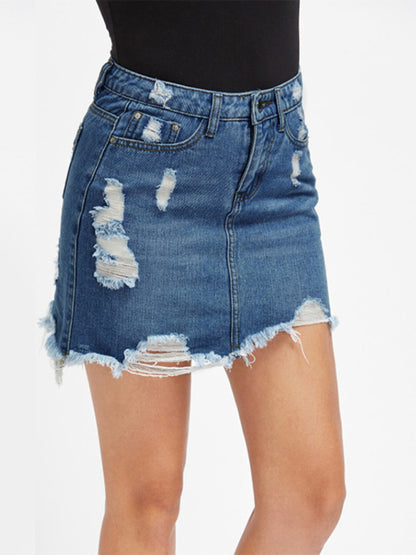 Women's ripped fringed loose sexy denim skirt - FashionistaDeal