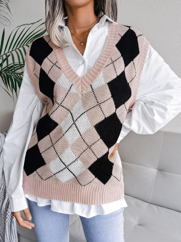 Women's diamond V-neck casual loose knit vest sweater - FashionistaDeal