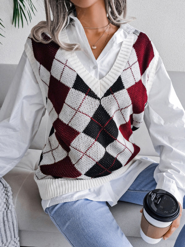 Women's diamond V-neck casual loose knit vest sweater - FashionistaDeal