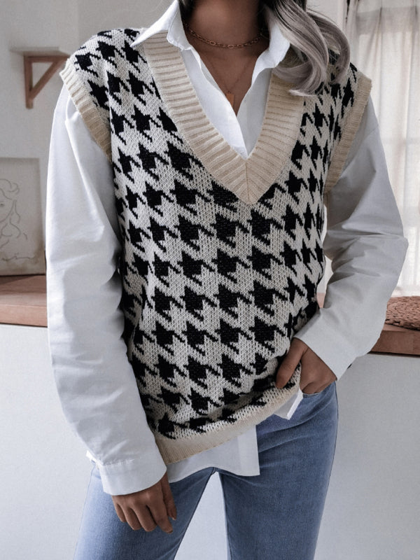 Women's V-neck thousand bird lattice casual loose knit vest sweater - FashionistaDeal