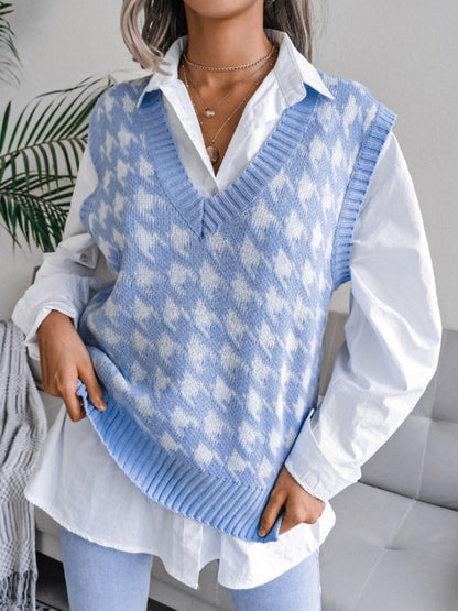 Women's V-neck thousand bird lattice casual loose knit vest sweater - FashionistaDeal