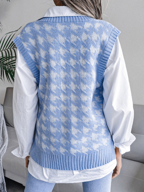 Women's V-neck thousand bird lattice casual loose knit vest sweater - FashionistaDeal