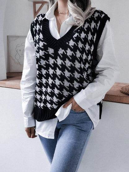 Women's V-neck thousand bird lattice casual loose knit vest sweater - FashionistaDeal