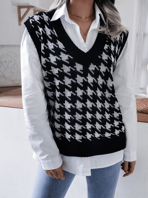 Women's V-neck thousand bird lattice casual loose knit vest sweater - FashionistaDeal