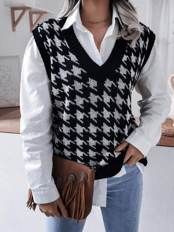 Women's V-neck thousand bird lattice casual loose knit vest sweater - FashionistaDeal