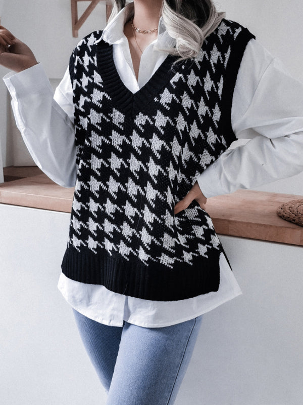 Women's V-neck thousand bird lattice casual loose knit vest sweater - FashionistaDeal