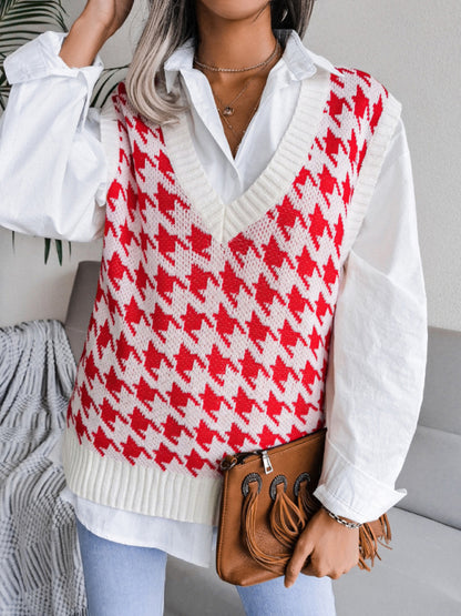 Women's V-neck thousand bird lattice casual loose knit vest sweater - FashionistaDeal