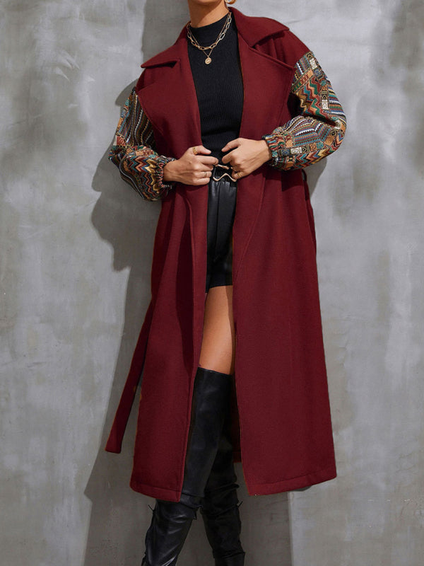 Women’s Long Collared Overcoat With Patchwork Sleeves And Front Waist Tie - FashionistaDeal