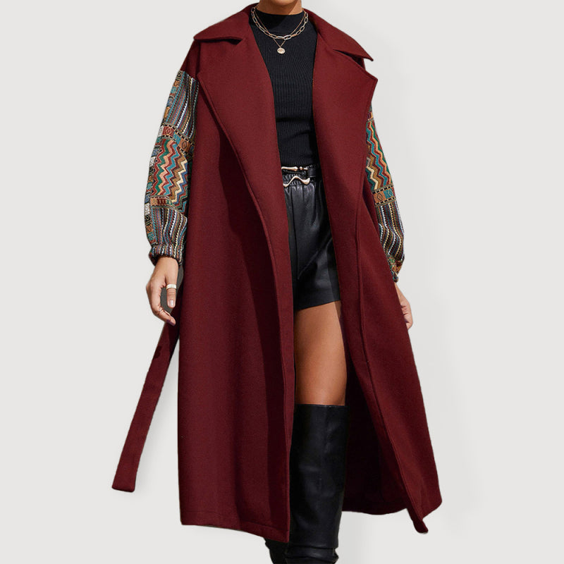 Women’s Long Collared Overcoat With Patchwork Sleeves And Front Waist Tie - FashionistaDeal