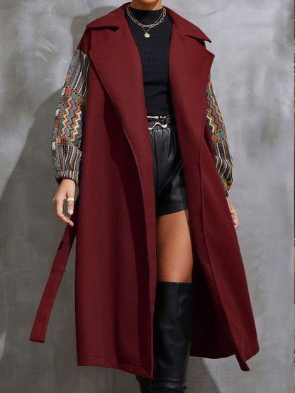 Women’s Long Collared Overcoat With Patchwork Sleeves And Front Waist Tie - FashionistaDeal