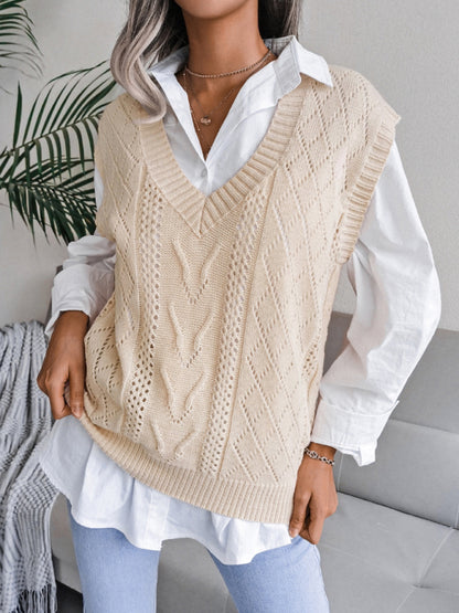 Women's hollow out fried dough twist V-neck knitted vest sweater - FashionistaDeal