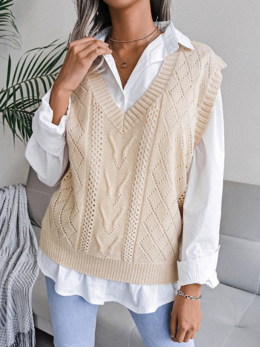 Women's hollow out fried dough twist V-neck knitted vest sweater - FashionistaDeal