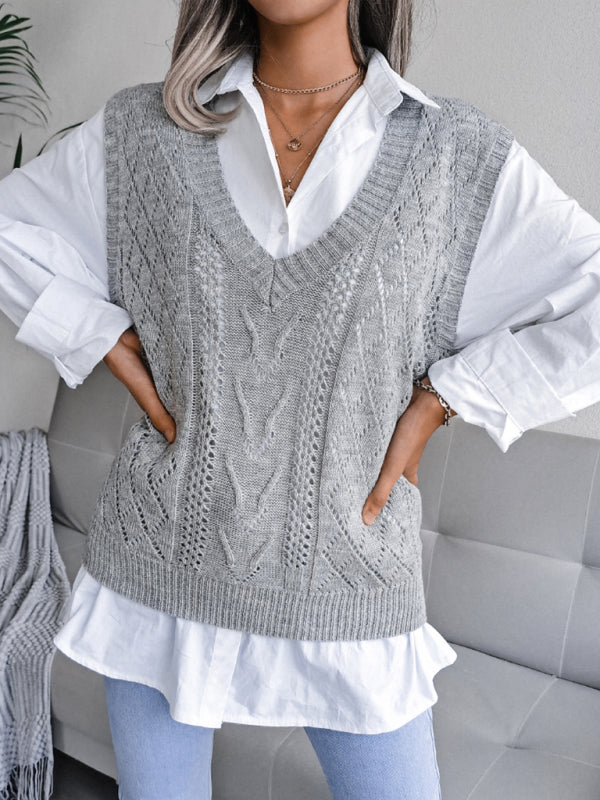 Women's hollow out fried dough twist V-neck knitted vest sweater - FashionistaDeal