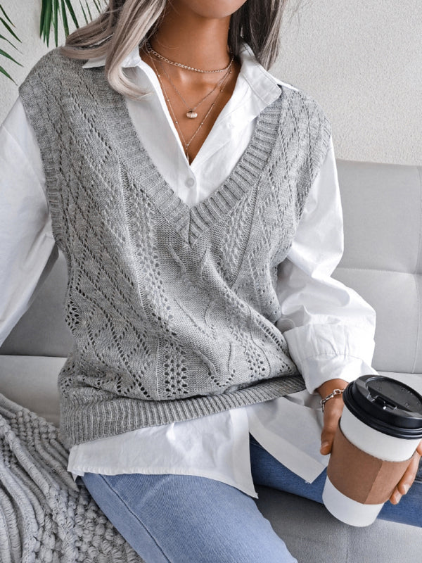 Women's hollow out fried dough twist V-neck knitted vest sweater - FashionistaDeal