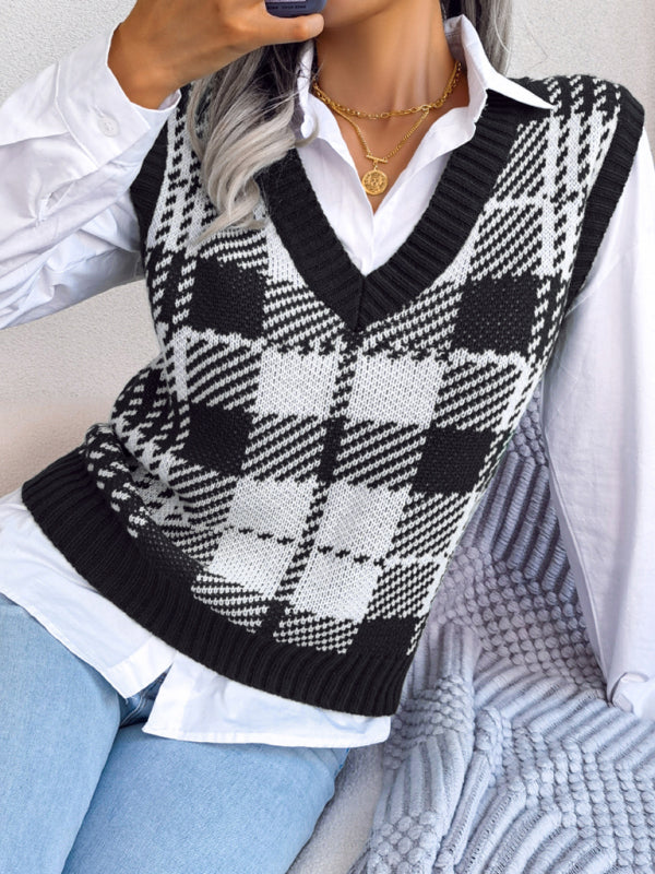 Women's casual contrast color Plaid knitted vest Sweater Vest - FashionistaDeal