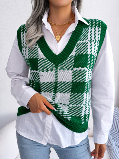 Women's casual contrast color Plaid knitted vest Sweater Vest - FashionistaDeal