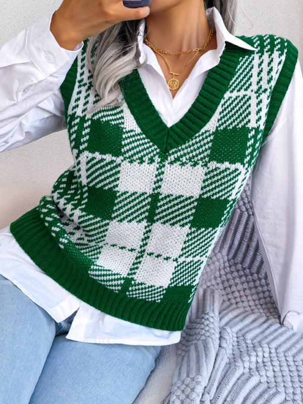 Women's casual contrast color Plaid knitted vest Sweater Vest - FashionistaDeal