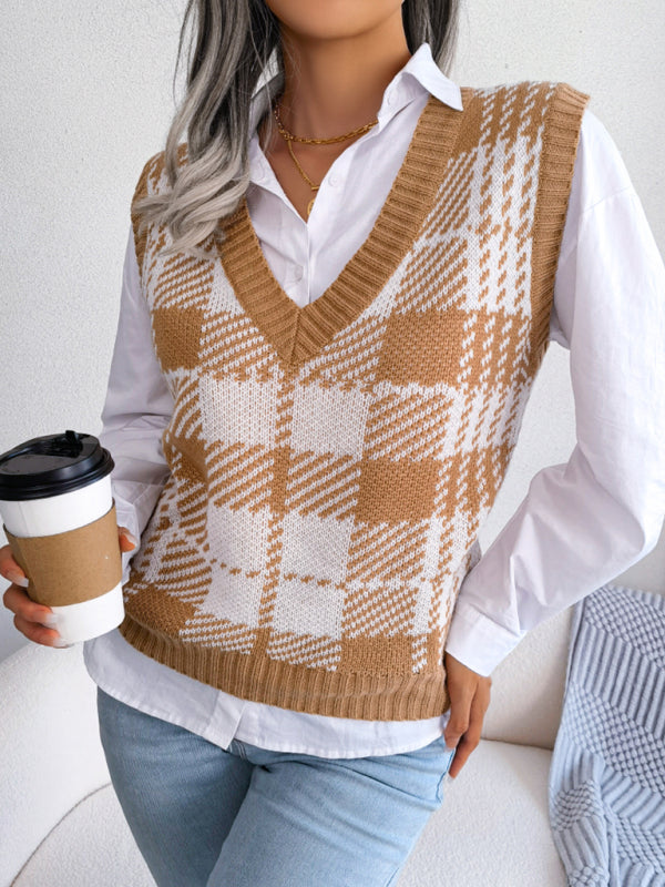 Women's casual contrast color Plaid knitted vest Sweater Vest - FashionistaDeal