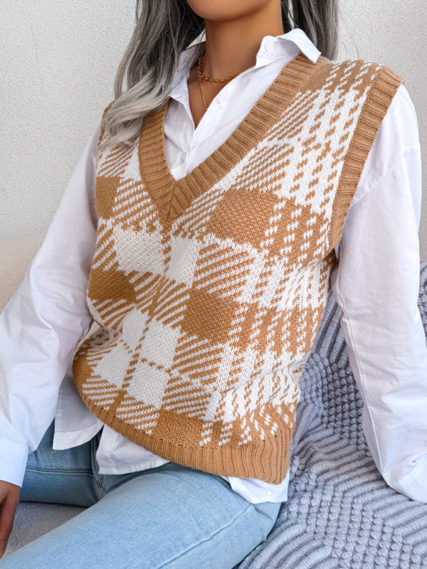 Women's casual contrast color Plaid knitted vest Sweater Vest - FashionistaDeal