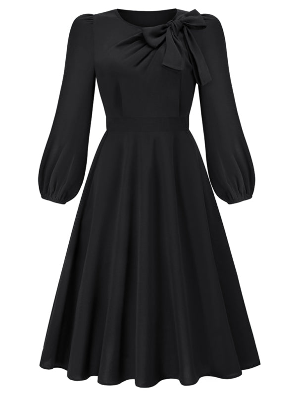 Women's round neck bow A-line mid-length dresses - FashionistaDeal