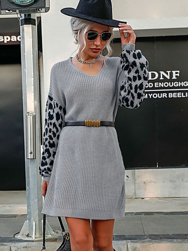 Women’s Loose Relax Leopard Sleeve Print Sweater Dress - FashionistaDeal