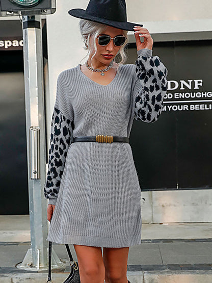 Women’s Loose Relax Leopard Sleeve Print Sweater Dress - FashionistaDeal