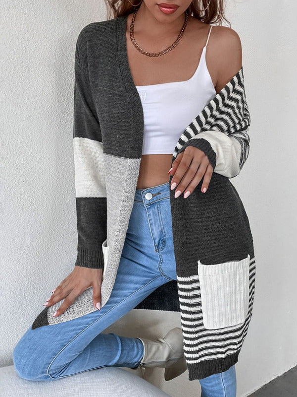 Women's Long Striped Color Block Knit Drape Cardigan With Pockets - FashionistaDeal