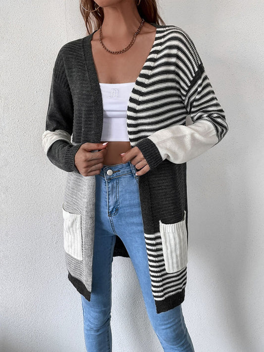 Women's Long Striped Color Block Knit Drape Cardigan With Pockets - FashionistaDeal