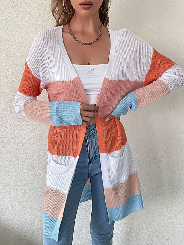 Women's Lightweight Ribbed Block Striped Cardigan With Front Pockets And Long Sleeves - FashionistaDeal