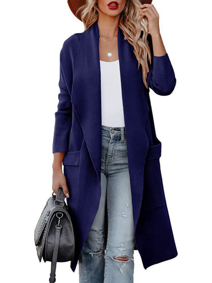 Women’s Casual Overcoat With Large Front Pockets And Folded Collar - FashionistaDeal