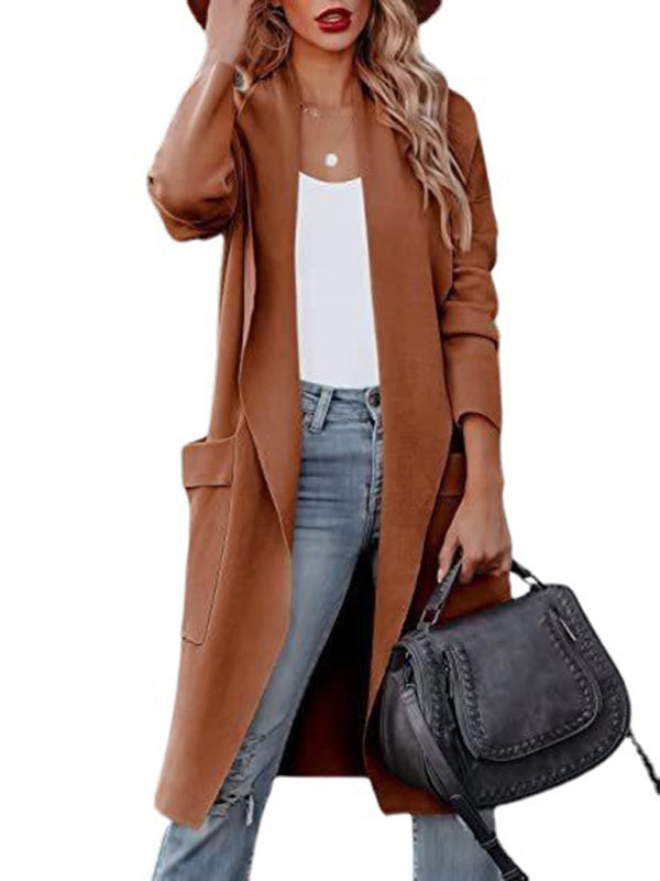 Women’s Casual Overcoat With Large Front Pockets And Folded Collar - FashionistaDeal