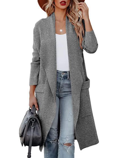 Women’s Casual Overcoat With Large Front Pockets And Folded Collar - FashionistaDeal