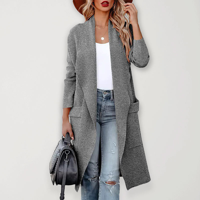 Women’s Casual Overcoat With Large Front Pockets And Folded Collar - FashionistaDeal