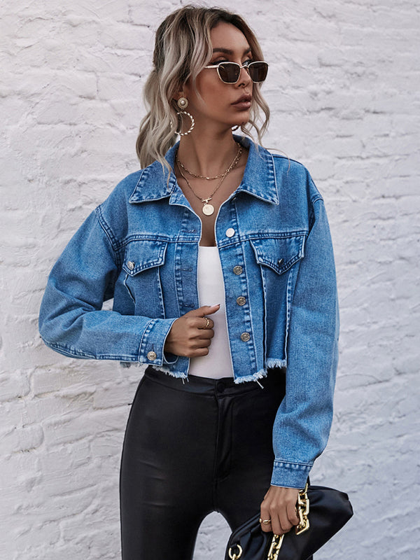 Womens’ Spread Collar Crop Denim Jacket - FashionistaDeal