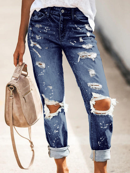 Women’s Five-pocket Style Ripped Straight Leg Cuffed Denim Jeans - FashionistaDeal