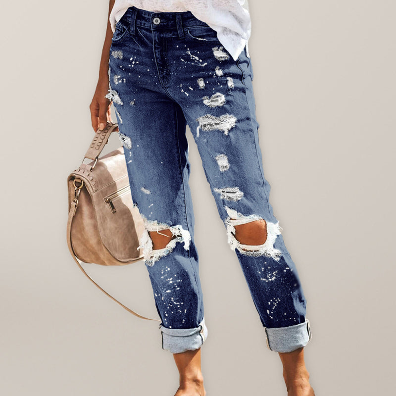 Women’s Five-pocket Style Ripped Straight Leg Cuffed Denim Jeans - FashionistaDeal