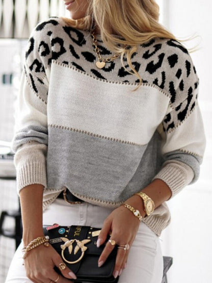 Leopard print round neck color block sweater autumn and winter new women's knitwear - FashionistaDeal