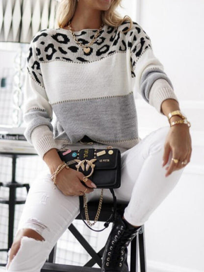 Leopard print round neck color block sweater autumn and winter new women's knitwear - FashionistaDeal