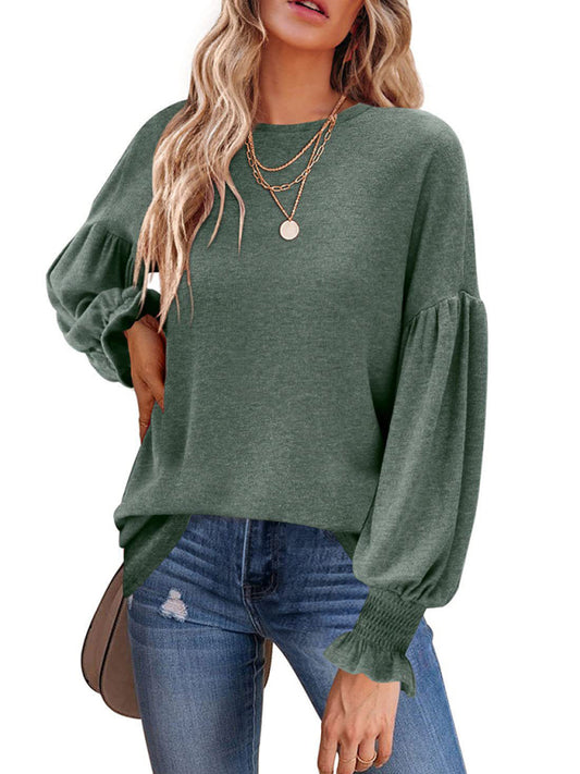 Women's round Neck Pleated Balloon Sleeve Ladies Long Sleeve Top - FashionistaDeal