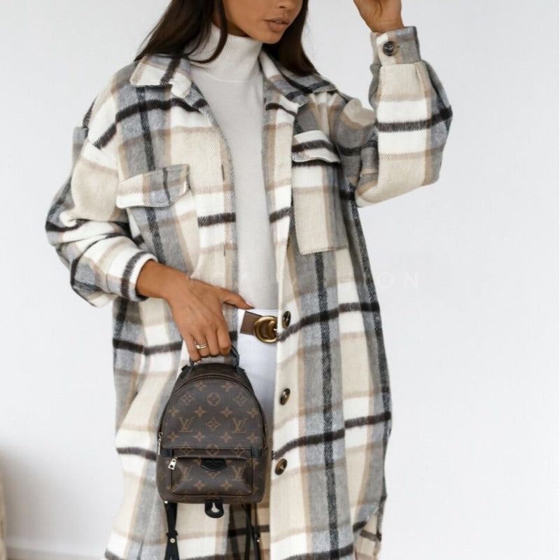 Women’s Plaid Print Long Sleeve Spread Collar Shirt Coat - FashionistaDeal