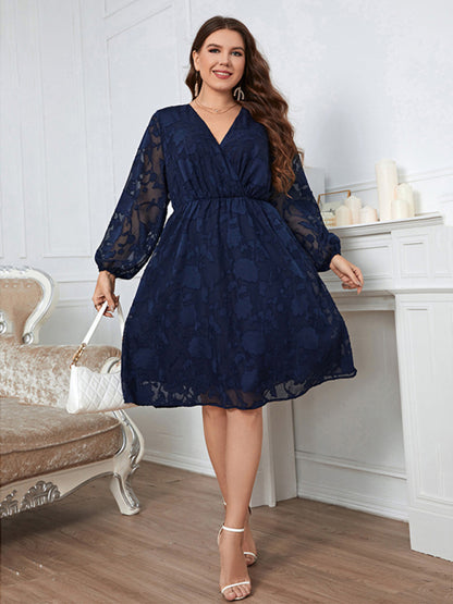 Women’s Plus Size Solid Color Lace Puff Long Sleeve V Neck Mademoiselle Lace Midi Dress - FashionistaDeal