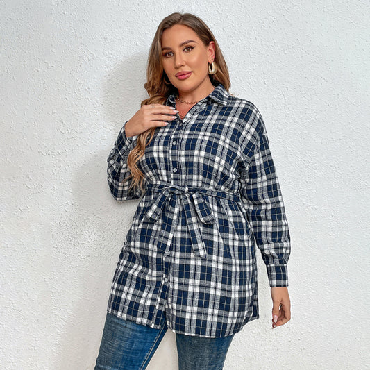 Women’s Plus Size Plaid Pattern Long Sleeve Button Down Waist Tie Longline Shirt - FashionistaDeal