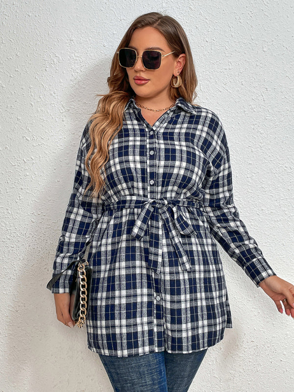 Women’s Plus Size Plaid Pattern Long Sleeve Button Down Waist Tie Longline Shirt - FashionistaDeal