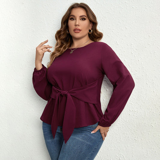 Women’ Plus Size Solid Color Puff Long Sleeve Tie Waist Top - FashionistaDeal