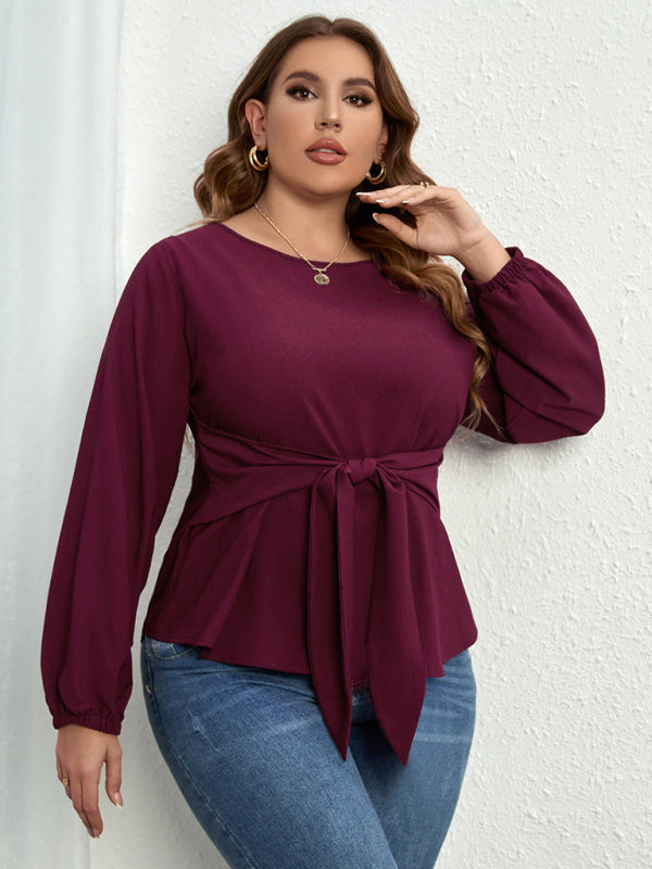 Women’ Plus Size Solid Color Puff Long Sleeve Tie Waist Top - FashionistaDeal